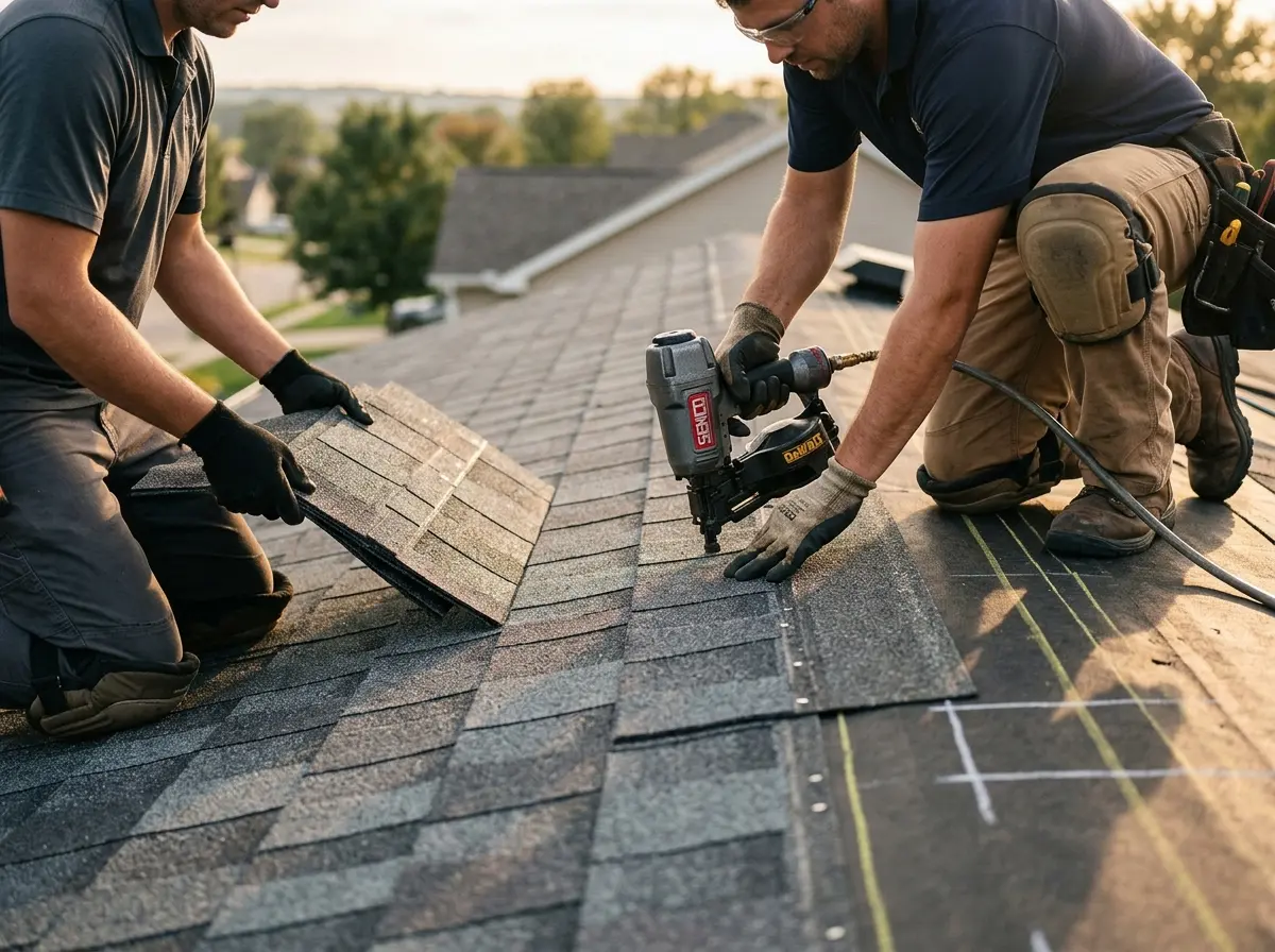 Professional roofer working on a residential roof in Americus